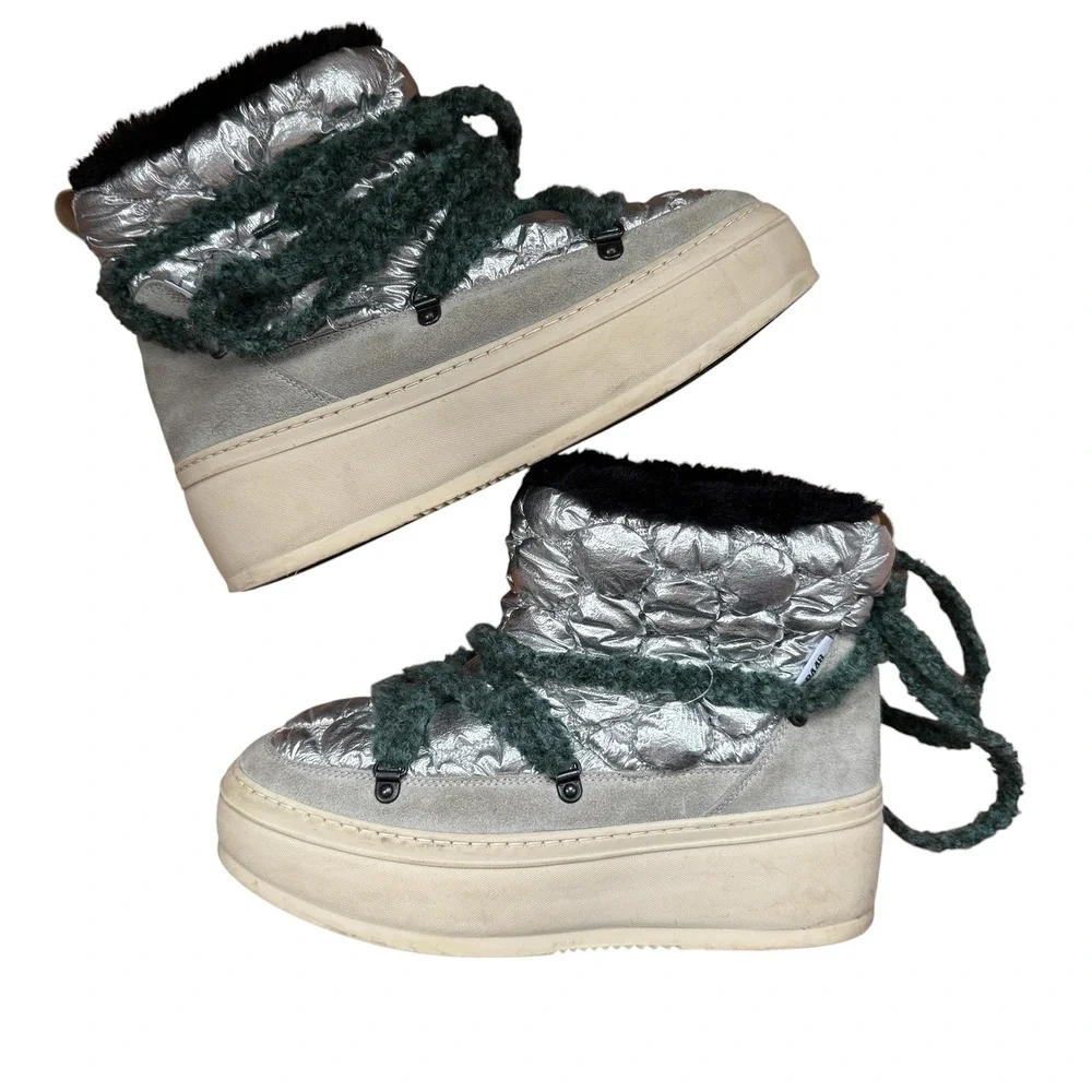 P448 Womens Silver Quilted Suede Platform Snow Boots Fur Lined Size 38